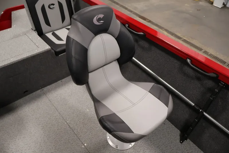 Slide: The Image of 2026 Crestliner 1650 Hawk SC boat seat, featuring gray and black upholstery with logo. - 36