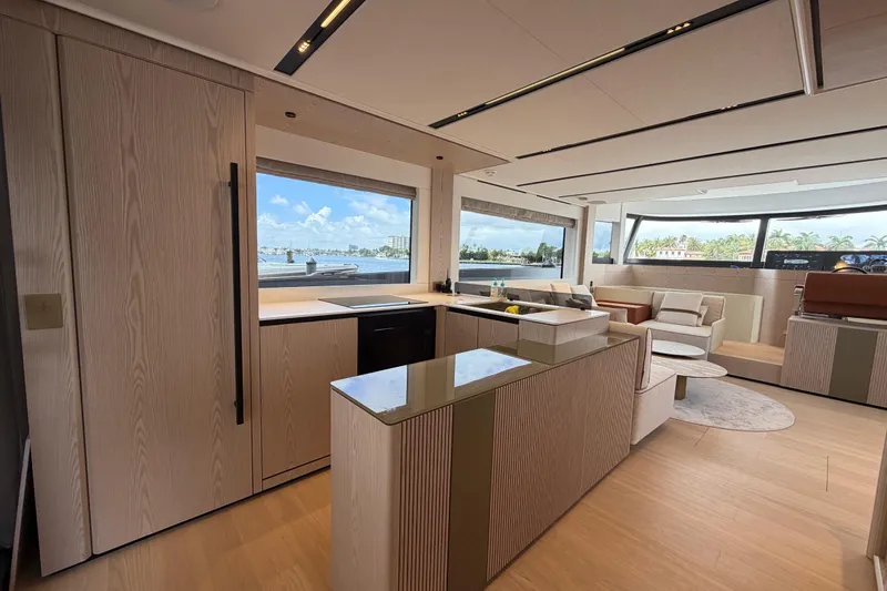 Slide: The Image of Luxurious interior of 2028 Solaris Power 70 Long Range yacht with modern design and panoramic windows. - 45