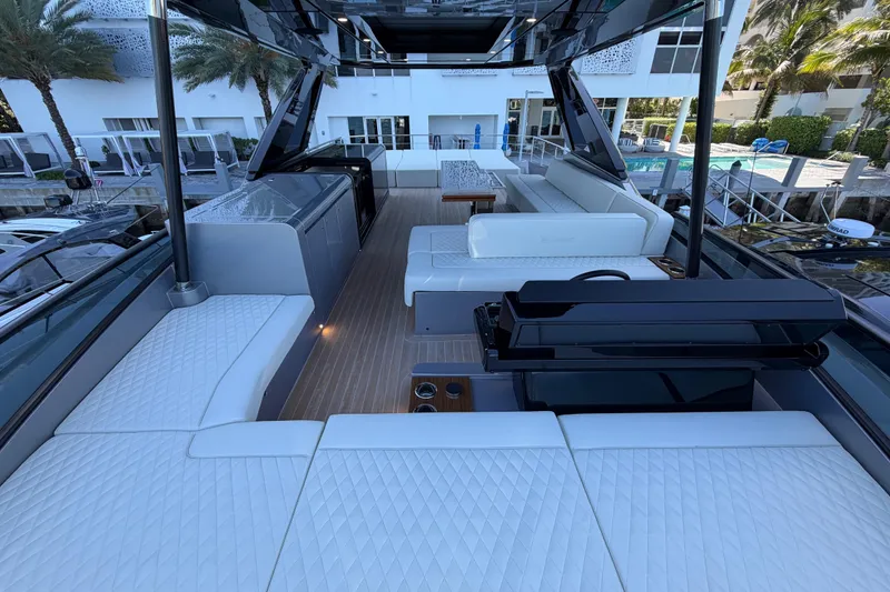 Slide: The Image of Luxurious interior of 2028 Solaris Power 70 Long Range yacht with modern seating and sleek design. - 49