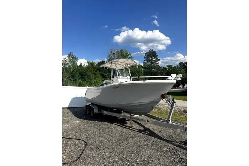The Image of 2019 Cobia 220 Center Console boat on trailer under blue sky. - 0