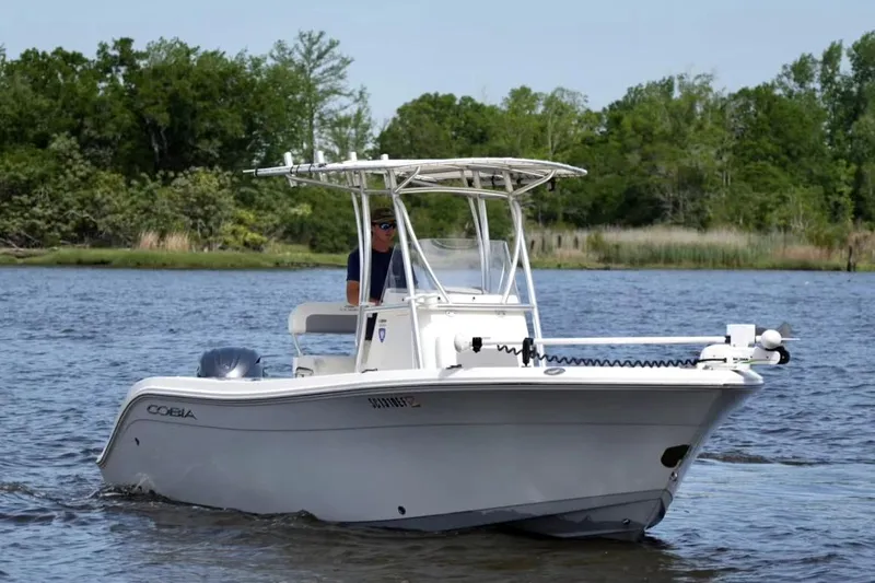 The Image of 2019 Cobia 220 Center Console boat cruising on a scenic lake. - 0