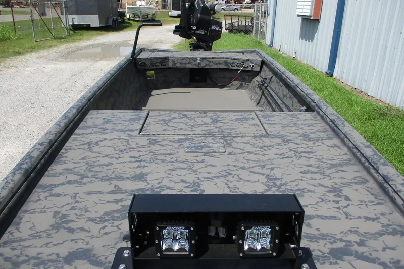 Slide: The Image of 2026 Gator Tail 1754 Extreme boat with camo pattern and LED lights. - 2