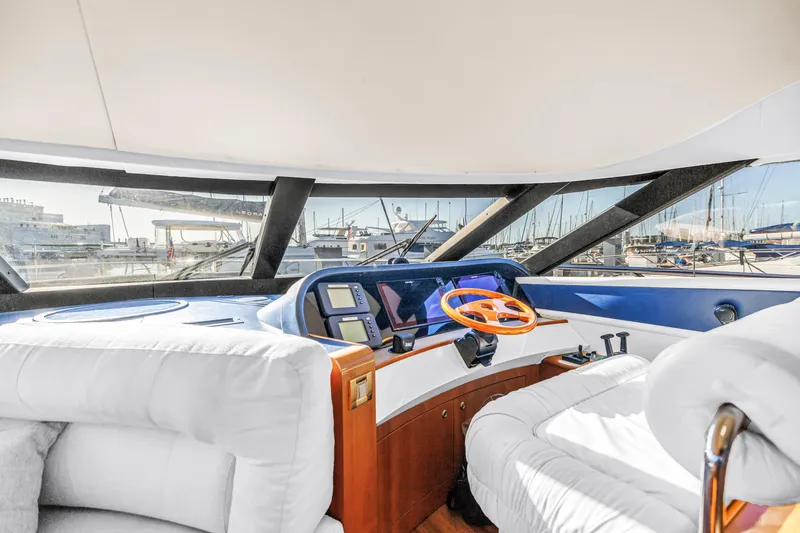 Slide: The Image of Interior view of 2001 Neptunus 56 Flybridge yacht cockpit with modern controls and plush seating. - 65