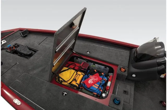 Slide: The Image of 2021 Tracker Pro Team 190 TX boat with open storage compartment. - 11