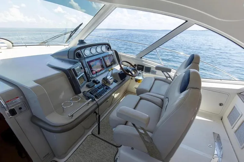 Slide: The Image of Helm of 2006 Sea Ray 48 Sundancer yacht with dual seats and navigation controls. - 20