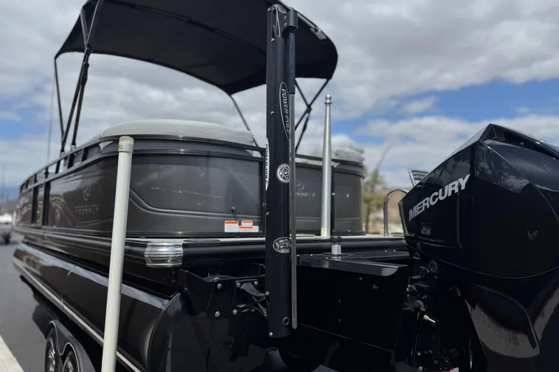 Slide: The Image of 2024 Regency 230 DL3 pontoon boat with Mercury outboard motor, under cloudy sky. - 9