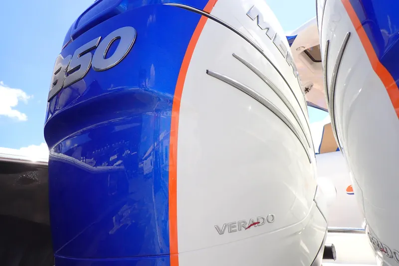 Slide: The Image of 2022 Deep Impact 369 Sport boat with Mercury Verado 350 engines, close-up view. - 103