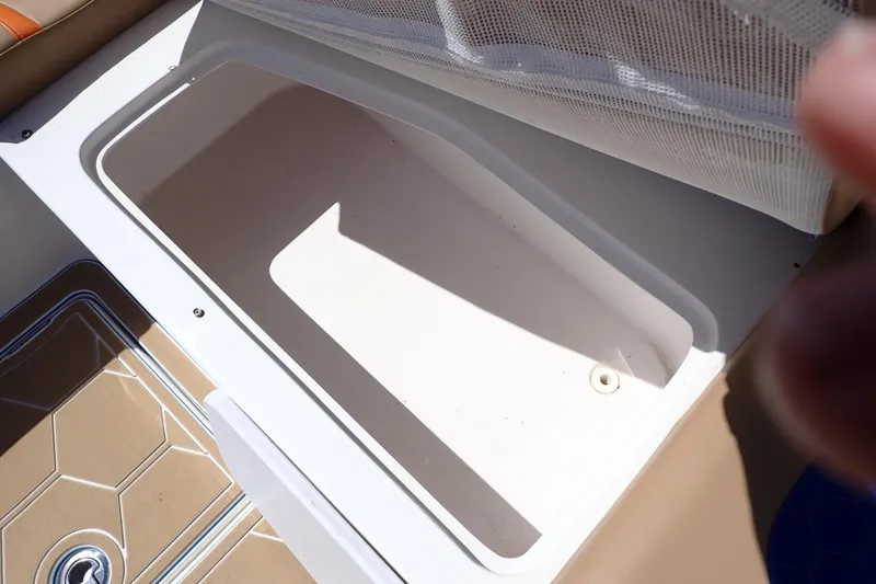 Slide: The Image of Storage compartment on 2022 Deep Impact 369 Sport boat, featuring a clean, spacious interior. - 56