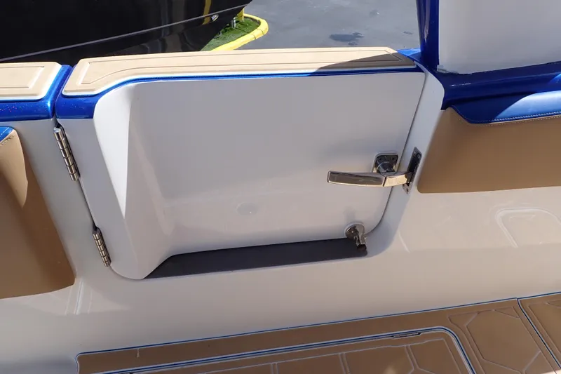 Slide: The Image of Boat door on 2022 Deep Impact 369 Sport, featuring sleek design and modern handle. - 59
