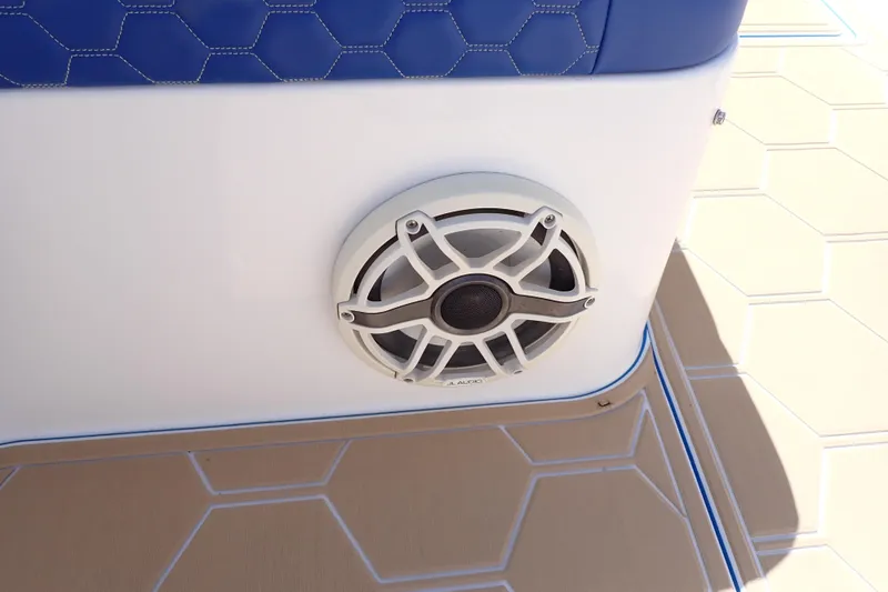 Slide: The Image of Speaker on 2022 Deep Impact 369 Sport boat with hexagonal pattern upholstery. - 81