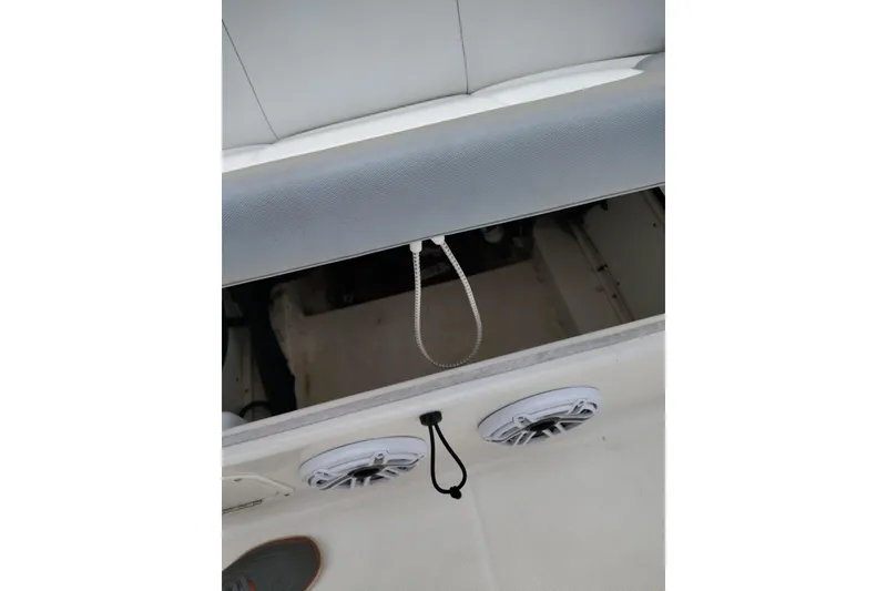 Slide: The Image of 2021 Robalo 226 Cayman boat interior with open storage compartment and speakers. - 14