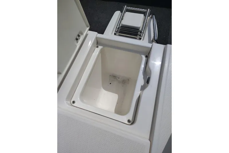 Slide: The Image of Storage compartment on a 2021 Robalo 226 Cayman boat, featuring a built-in ladder. - 16