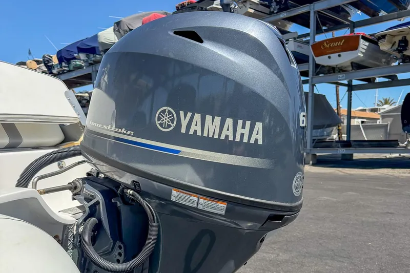 Slide: The Image of Yamaha outboard motor on 2021 AB Inflatables Oceanus 14 VST boat, dockside view. - 21