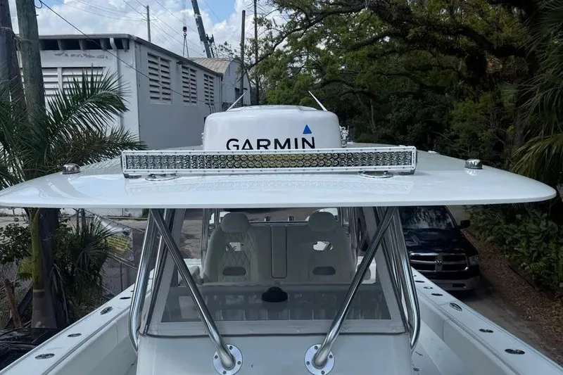 Slide: The Image of 2022 Freeman 34VH boat with Garmin radar and LED light bar on the roof. - 17