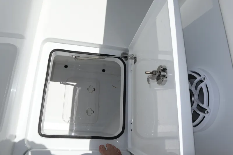 Slide: The Image of Open storage compartment on a 2022 Freeman 34VH boat, featuring a latch and speaker. - 43