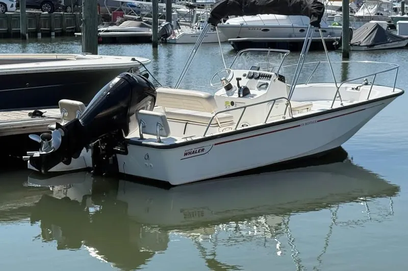 The Image of 2022 Boston Whaler 170 Montauk boat docked in a marina. - 0