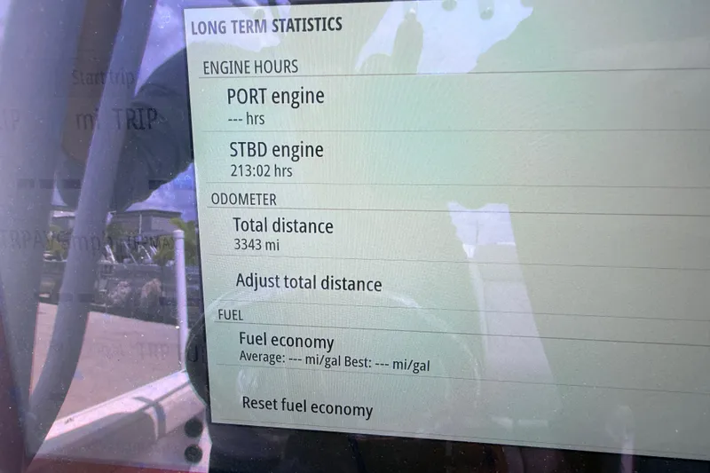 Slide: The Image of Display screen showing engine statistics for 2021 Blue Wave 2800 Makaira boat. - 22