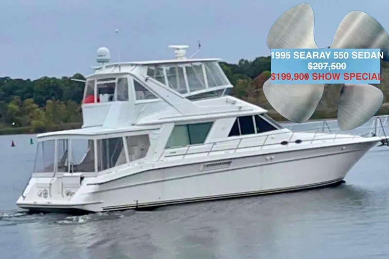 The Image of 1995 Sea Ray 550 Sedan Bridge yacht on water, special price offer displayed. - 0