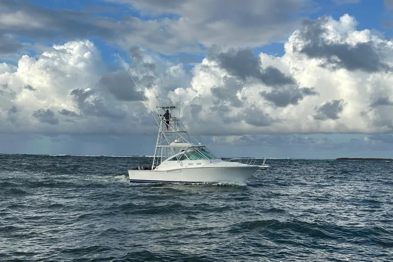 The Image of 2003 Cabo 35 Express boat navigating ocean under cloudy sky. - 1