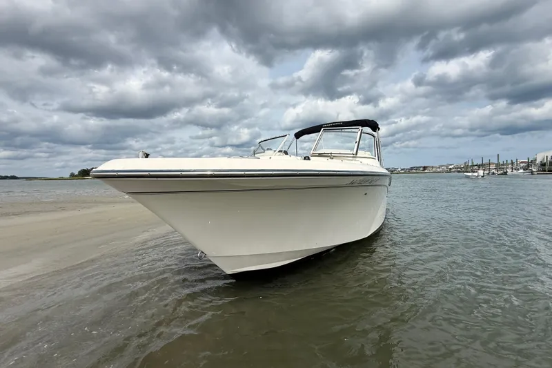 Slide: The Image of 2017 Grady-White Freedom 235 boat on sandy shore under cloudy sky. - 15
