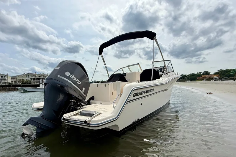 Slide: The Image of 2017 Grady-White Freedom 235 boat with Yamaha engine on a sandy shore. - 8