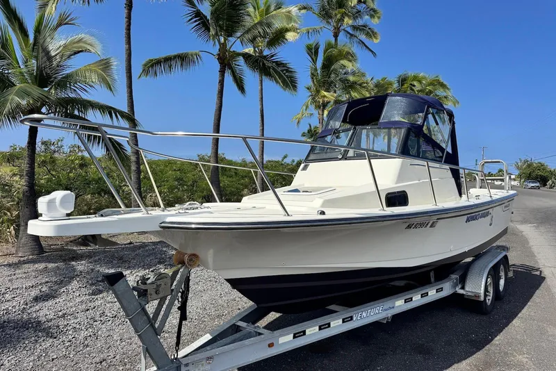 Slide: The Image of 1991 Boston Whaler 21 Conquest R boat on trailer, surrounded by palm trees. - 3