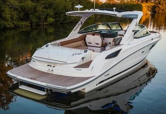 Slide: The Image of Manufacturer Provided Image: 2016 Sea Ray 350 SLX luxury motorboat on calm water. - 3