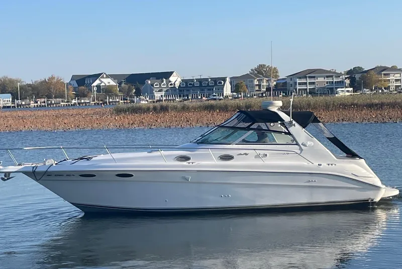 Slide: The Image of 1996 Sea Ray boat on calm water with buildings in the background. - 28