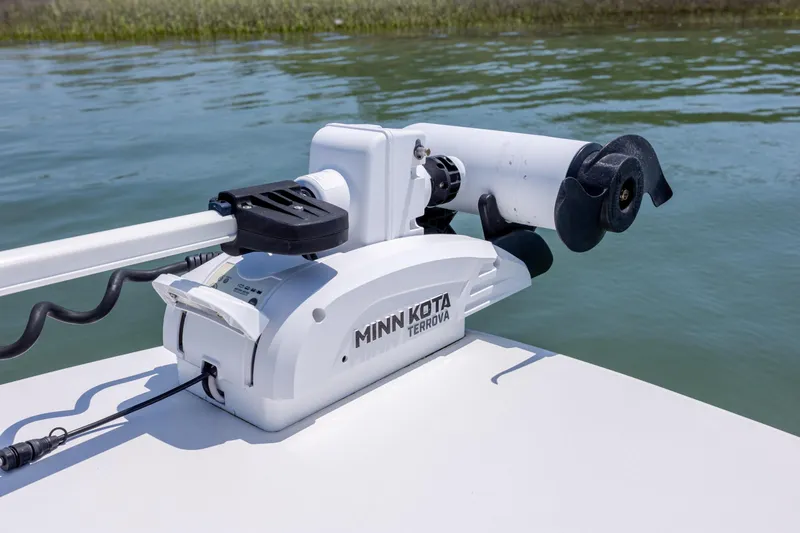 Slide: The Image of Minn Kota Terrova trolling motor on a boat, ZCB Freemason 26, 2022 model. - 35