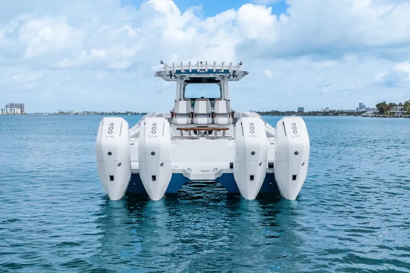 Slide: The Image of Luxury Freeman 47 boat with quad 400 V10 engines on calm water, 2024 model. - 15