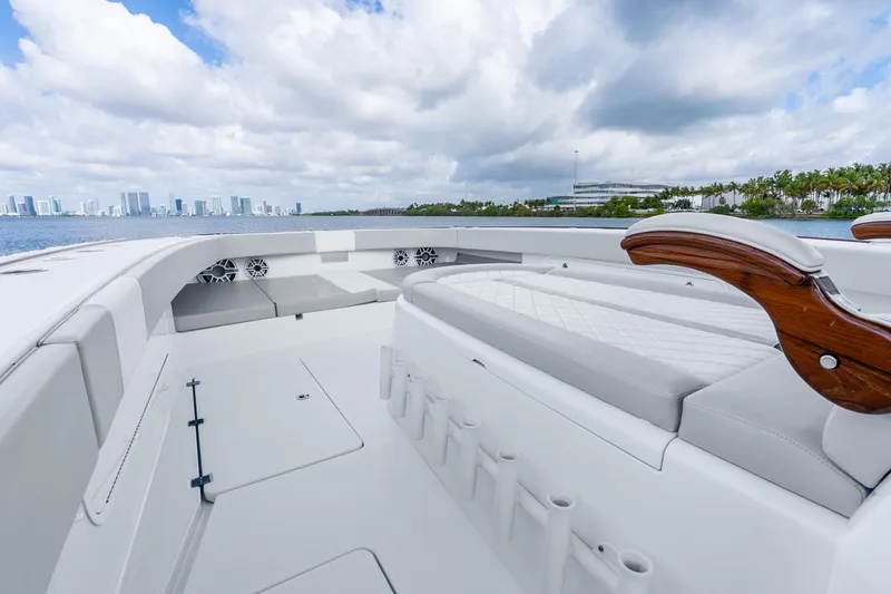 Slide: The Image of Luxurious 2024 Freeman 47 yacht interior with city skyline and ocean view. - 37