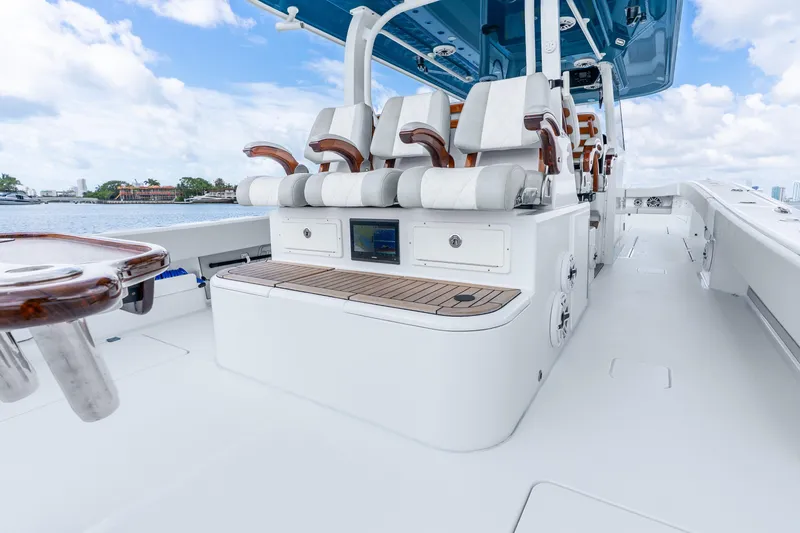Slide: The Image of 2024 Freeman 47 boat interior with luxurious seating and modern design. - 47