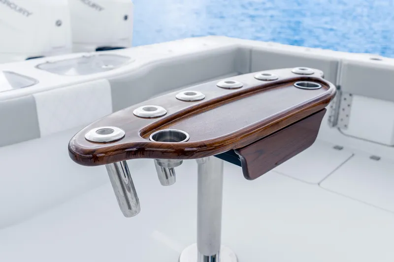 Slide: The Image of Luxury fishing rod holder on Freeman 47 boat, 2024 model, with ocean backdrop. - 57