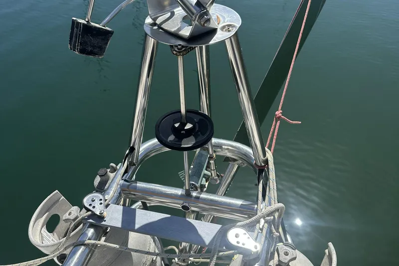 Slide: The Image of Close-up of a 1989 Catalina 36 MkII sailboat's bow with stainless steel fittings. - 25