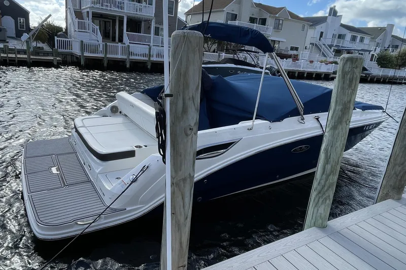 The Image of 2018 Sea Ray SDX 250 boat docked by waterfront homes. - 0