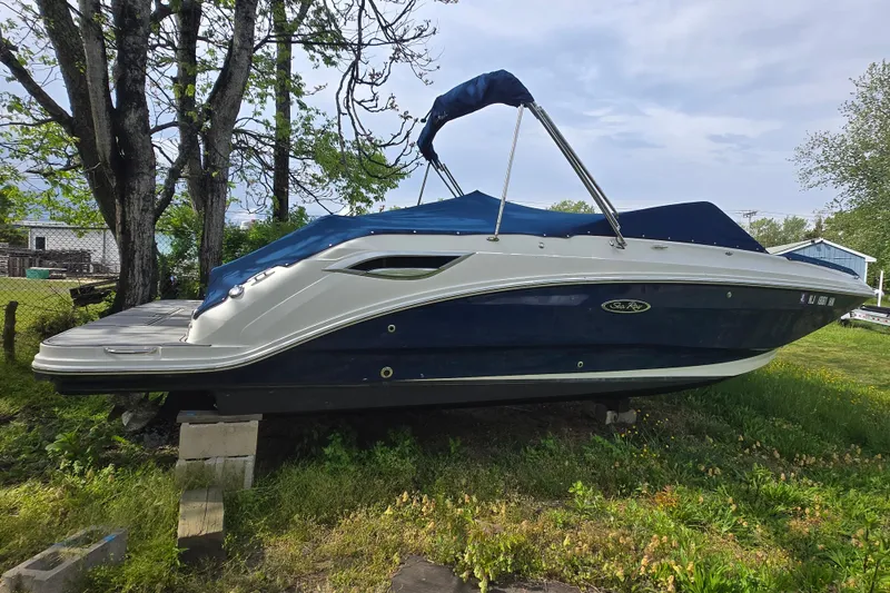 Slide: The Image of 2018 Sea Ray SDX 250 boat on land, covered, near trees and grass. - 12
