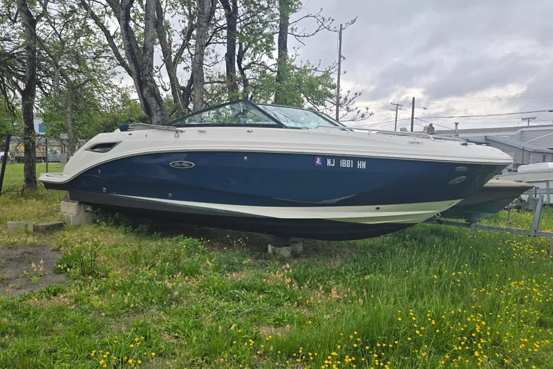 Slide: The Image of 2018 Sea Ray SDX 250 boat on land, surrounded by grass and trees. - 15