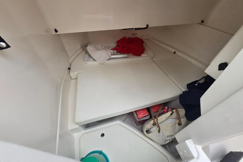 Slide: The Image of Interior cabin of 2018 Sea Ray SDX 250 boat with storage and seating area. - 21