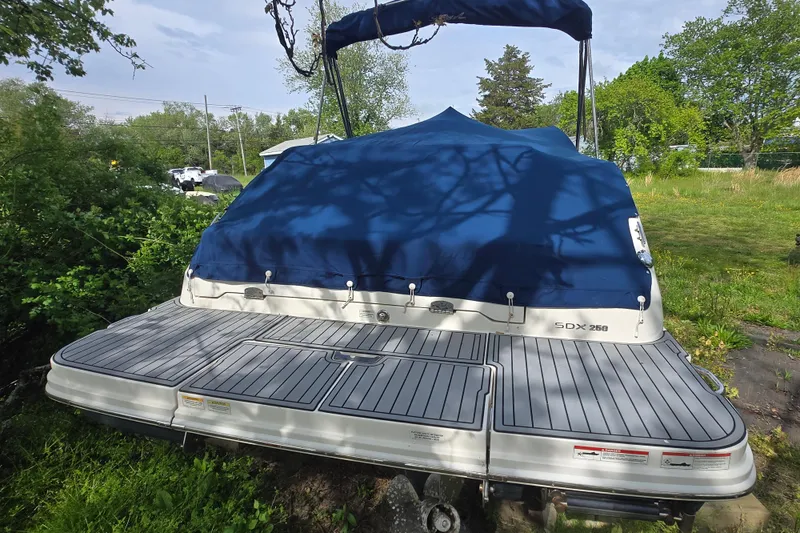 Slide: The Image of 2018 Sea Ray SDX 250 boat with blue cover, parked on grass. - 39
