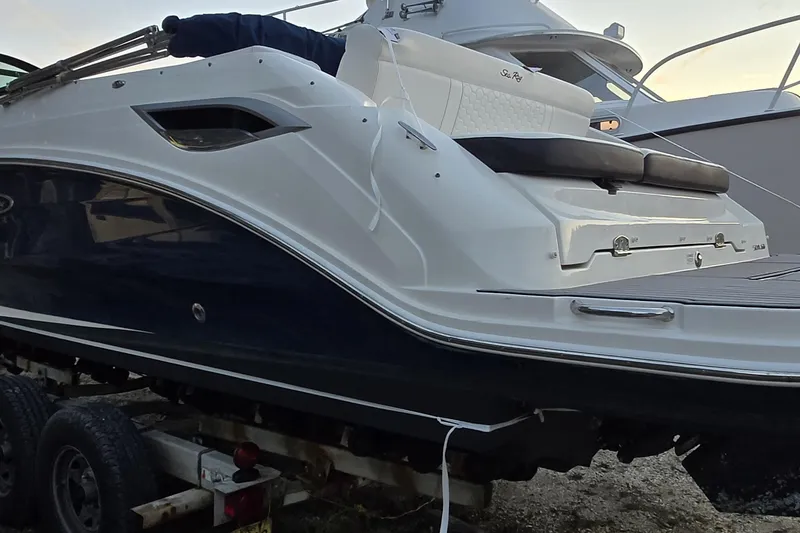 Slide: The Image of 2018 Sea Ray SDX 250 boat on trailer, rear view, white and blue design. - 5