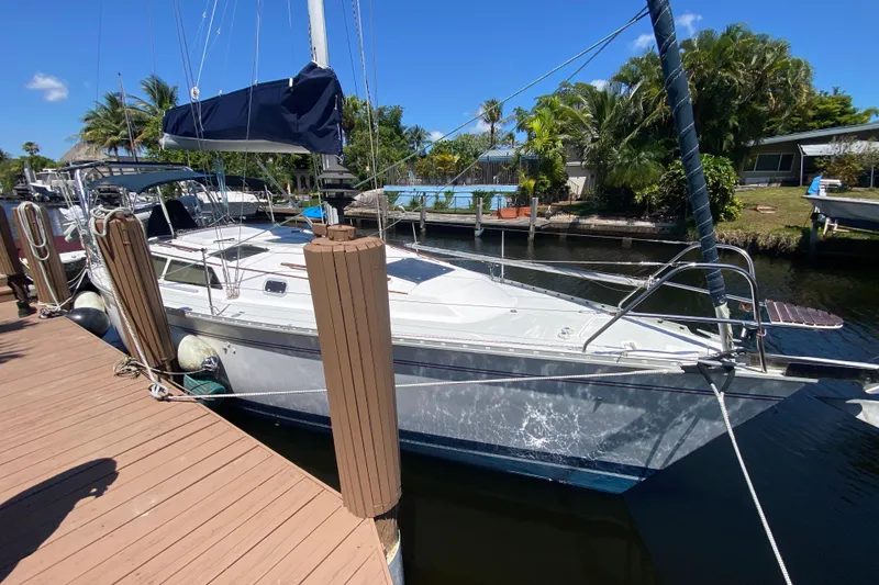 The Image of 1995 Hunter 33.5 sailboat docked, surrounded by lush greenery and clear blue sky. - 0