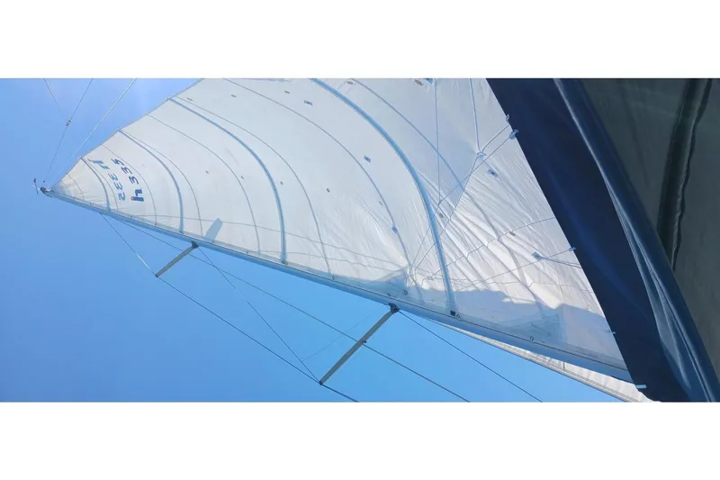 Slide: The Image of Sail of a 1995 Hunter 33.5 yacht against a clear blue sky. - 59