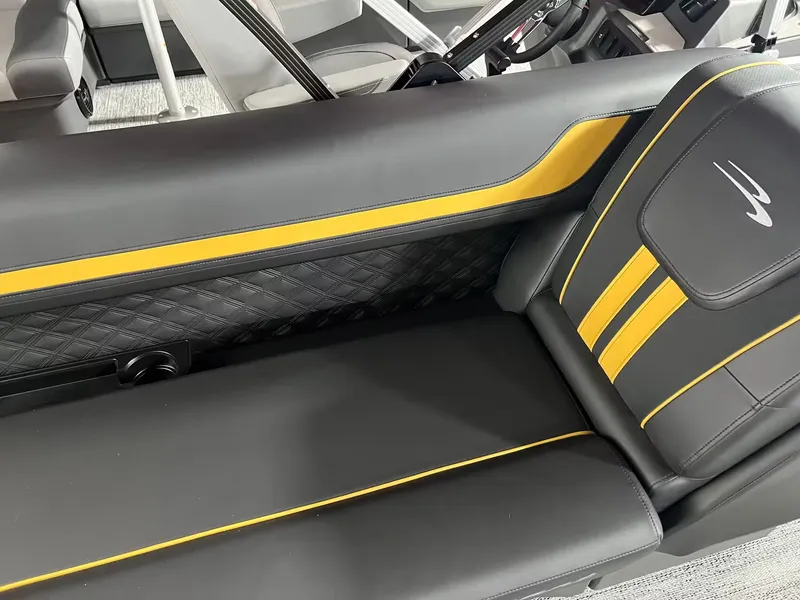 Slide: The Image of Bennington 23SL 2027 boat seat with yellow accents and quilted design. - 13