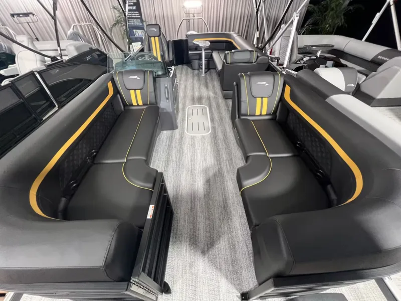 Slide: The Image of Interior of 2027 Bennington 23SL pontoon boat with luxurious black seating. - 3