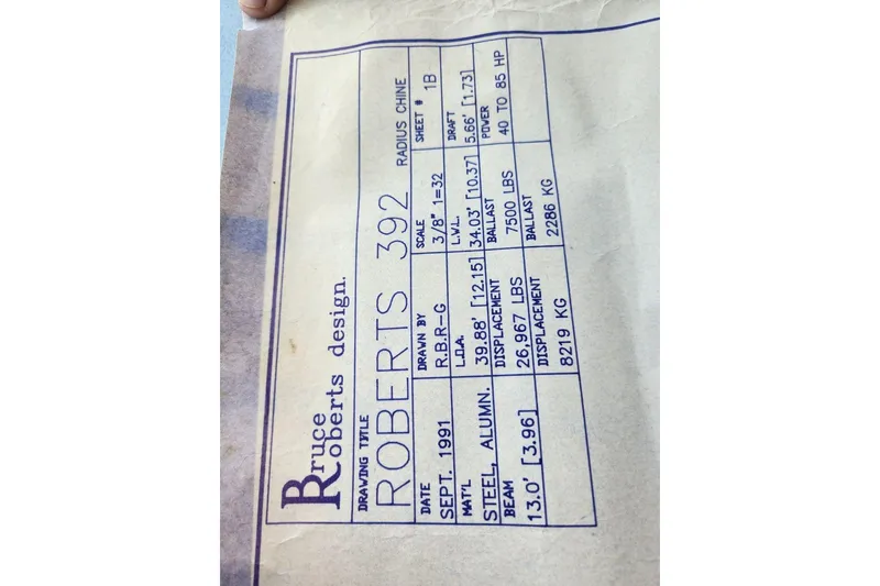 Slide: The Image of Blueprint of Bruce Roberts 392 design, featuring specifications and measurements. - 27