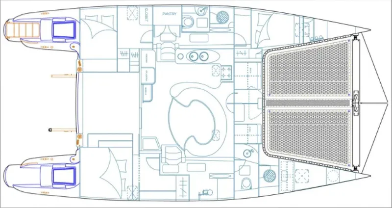 Slide: The Image of Floor plan of a 2007 Dolphin 460 catamaran, showcasing interior layout and design. - 43