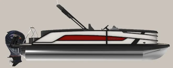 The Image of Evotti 523 CS 2026 pontoon boat with sleek design and outboard motor. - 1