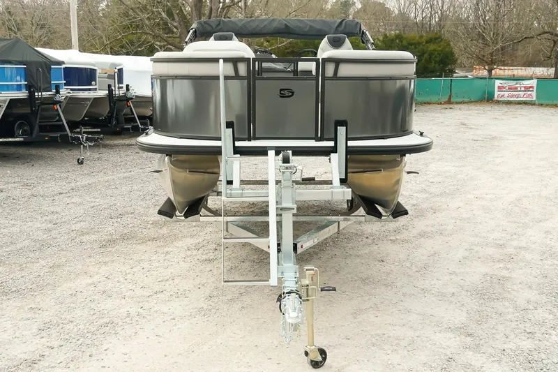 Slide: The Image of 2026 Dockside 20DQ pontoon boat on trailer in outdoor lot. - 6
