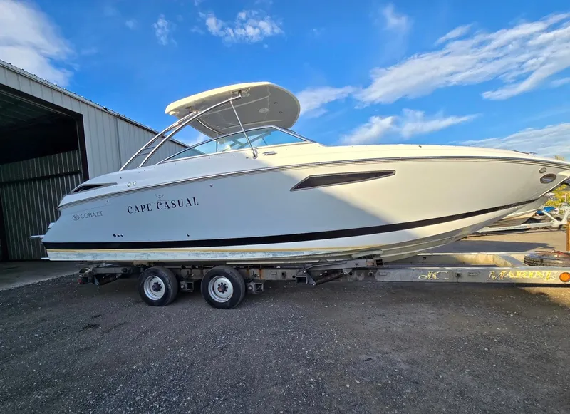 Slide: The Image of 2020 Cobalt R35 boat on trailer outside warehouse. - 7