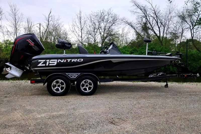 Slide: The Image of 2022 Nitro Z19 Pro boat on trailer, side view. - 2